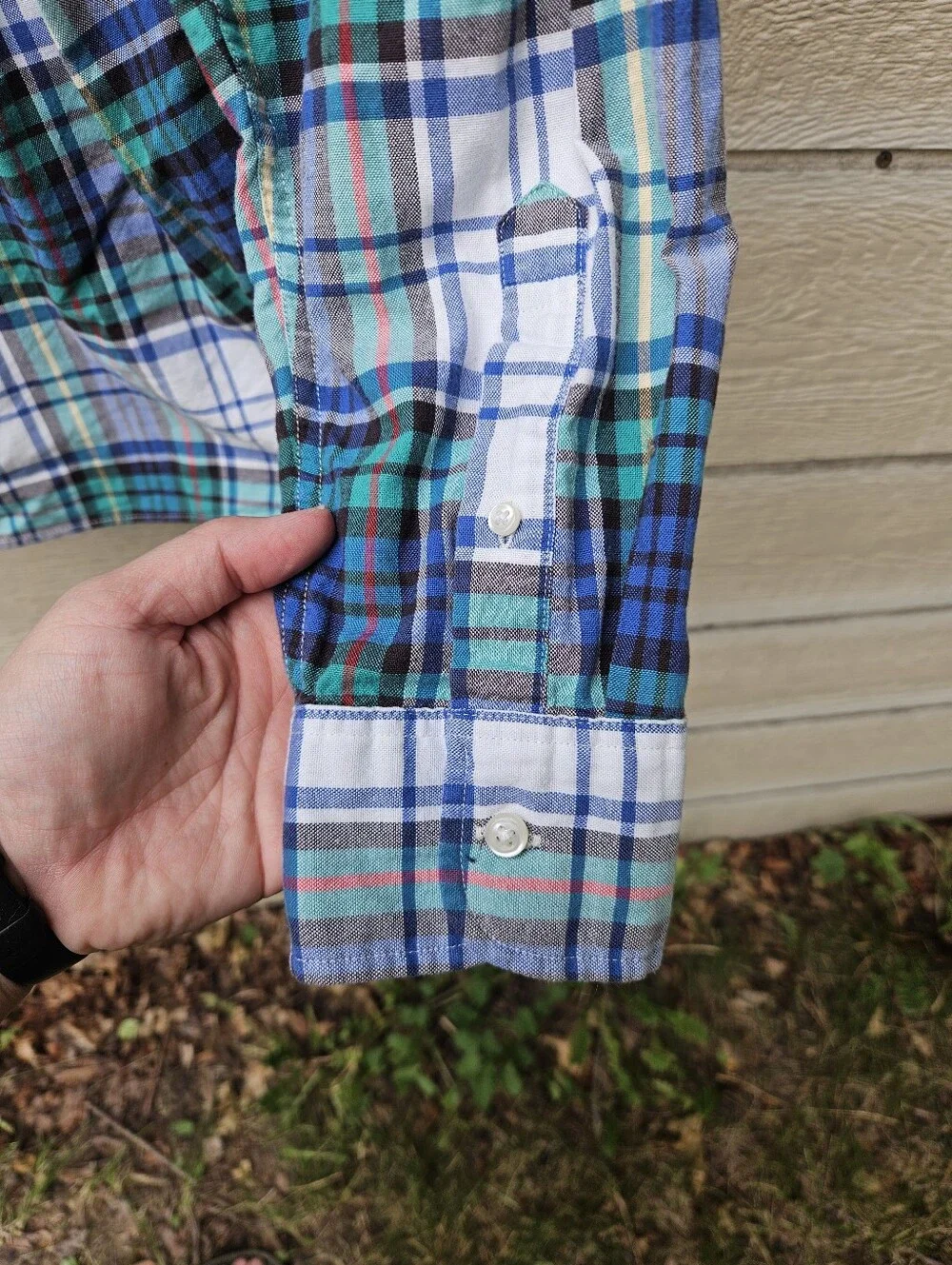 J. Crew Slim Broken-in organic cotton oxford shirt blue green white plaid XL
